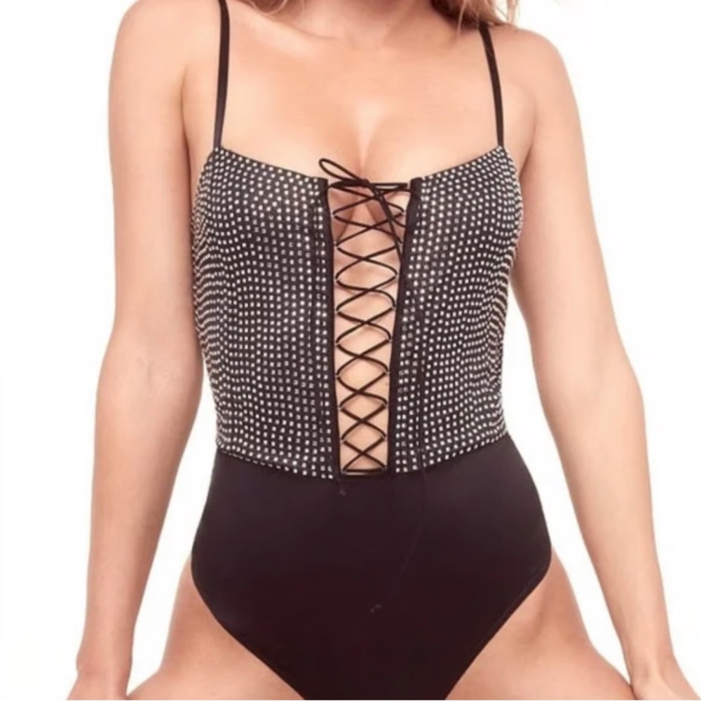 For Love & Lemons Black Studded Lace-Up Bodysuit